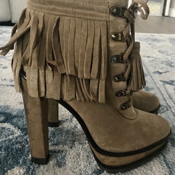 Brian Atwood Suede Fringe Booties Khaki 
